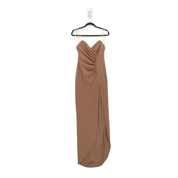 Katie May Women S Colette Gown Maxi Dress Cocoa Brown Sheer Bone Ruche Slit FLAW - Picture 3 of 11
